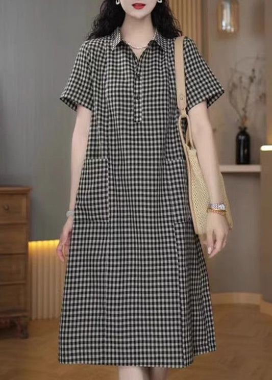 Dress Summer Peter Mid Collar Simple Plaid Pan Linen Grey