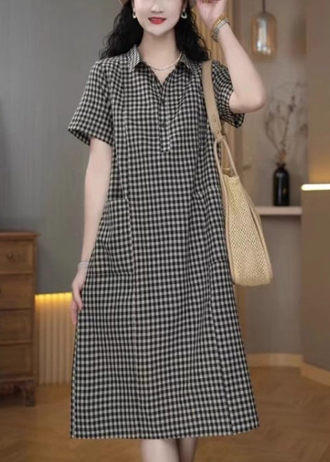 Simple Peter Plaid Summer Mid Pan Linen Collar Dress Grey
