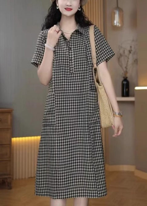 Simple Peter Plaid Summer Mid Pan Linen Collar Dress Grey