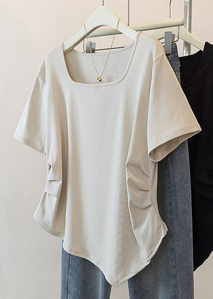 Simple Grey Square Collar Asymmetrical Patchwork Top Short Sleeve QB015