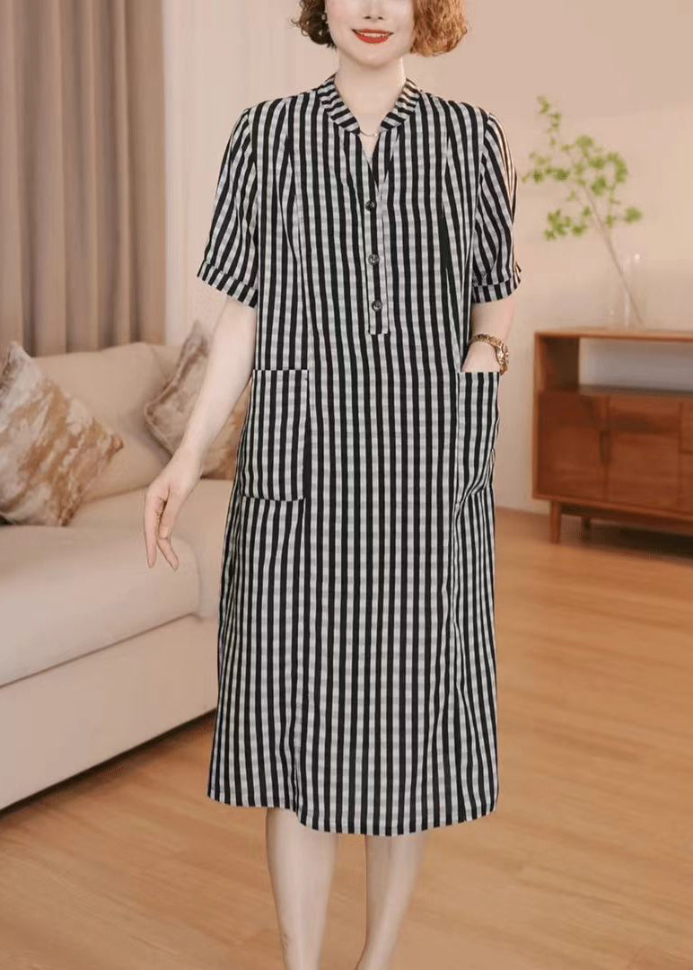 Taschen Baumwollkleid Grau Tee Gestreift Einfach Sommer