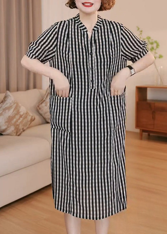 Taschen Baumwollkleid Grau Tee Gestreift Einfach Sommer