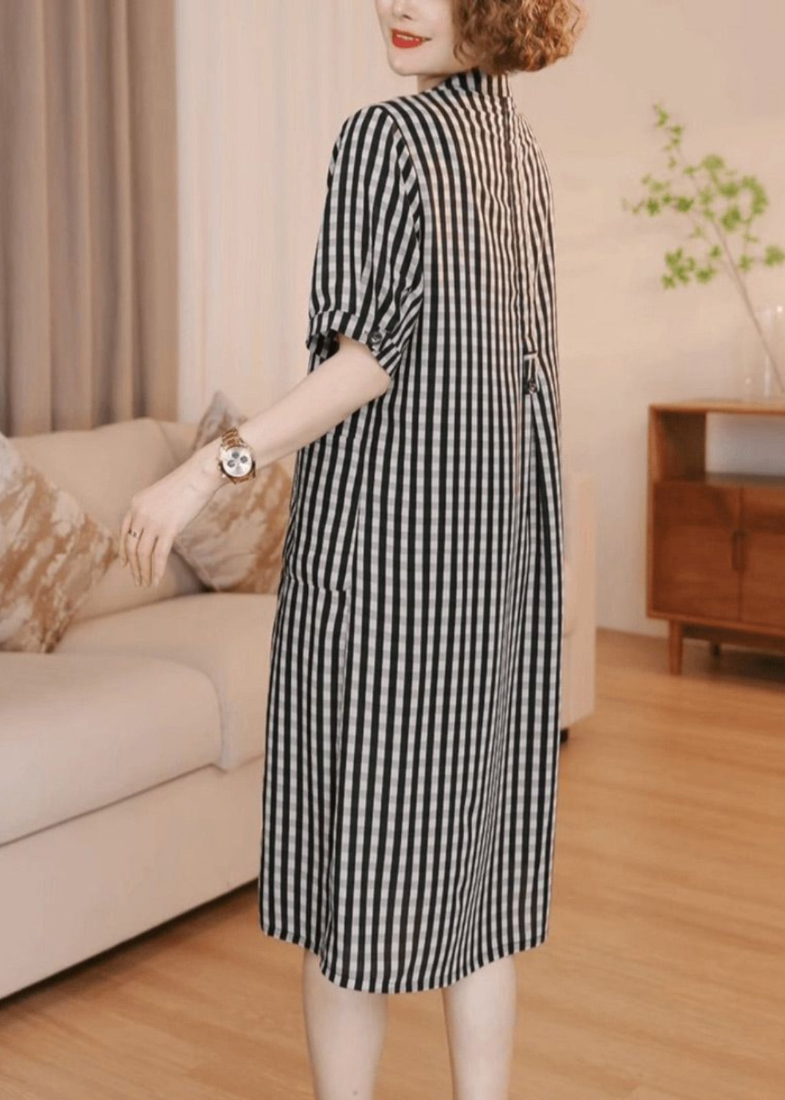Taschen Baumwollkleid Grau Tee Gestreift Einfach Sommer