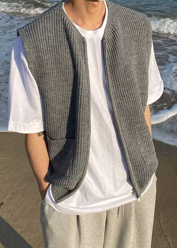 Simple Grey Zip Up Pockets Solid Knit Men Waistcoat Sleeveless RJ032