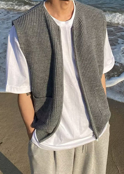 Simple Grey Zip Up Pockets Solid Knit Men Waistcoat Sleeveless RJ032