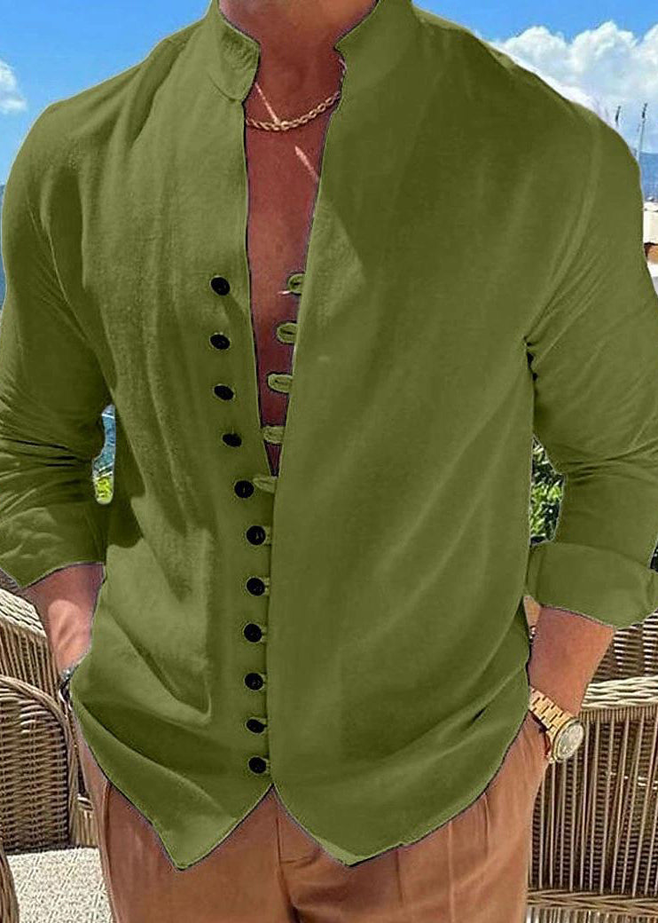Simple Khaki Fall Cotton Button Solid Men's Shirts Collar Stand