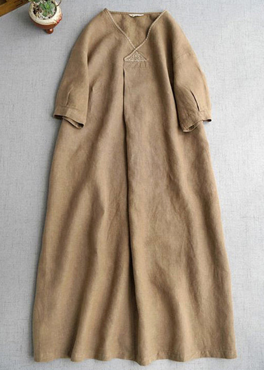 Simple Khaki V Neck Pockets Linen Long Dress Summer GH1074