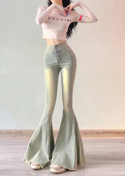 Pantalon simple en denim bleu clair taille haute froncé à pattes d'éléphant, printemps YP042
