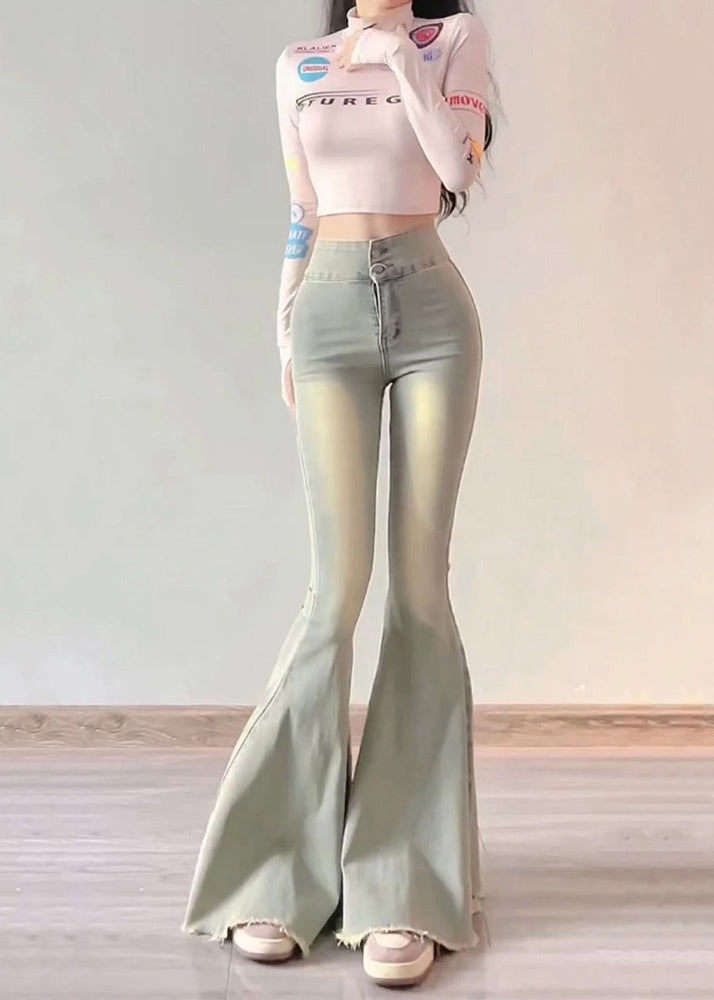 Einfache hellblaue Schlaghose mit hoher Taille und Scrunch-Denim, Frühling, YP042