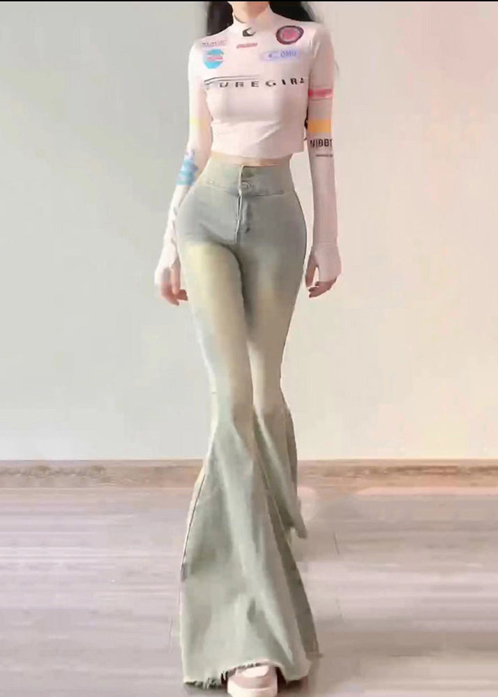 Einfache hellblaue Schlaghose mit hoher Taille und Scrunch-Denim, Frühling, YP042