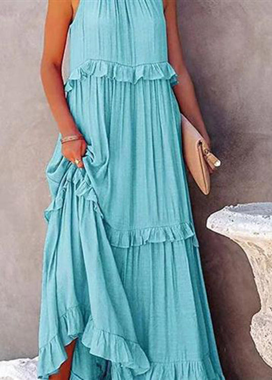 Simple Light Blue Ruffled Patchwork Wrinkled Long Dresses Summer GH1005