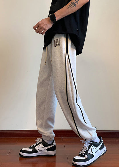 Simple Light Grey Pockets Drawstring Warm Fleece Mens Beam Pants Winter WA035