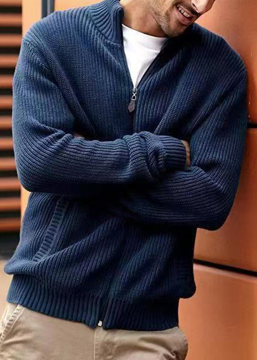 Up Zip Spring Knit Pockets Cardigan Men Navy Simple