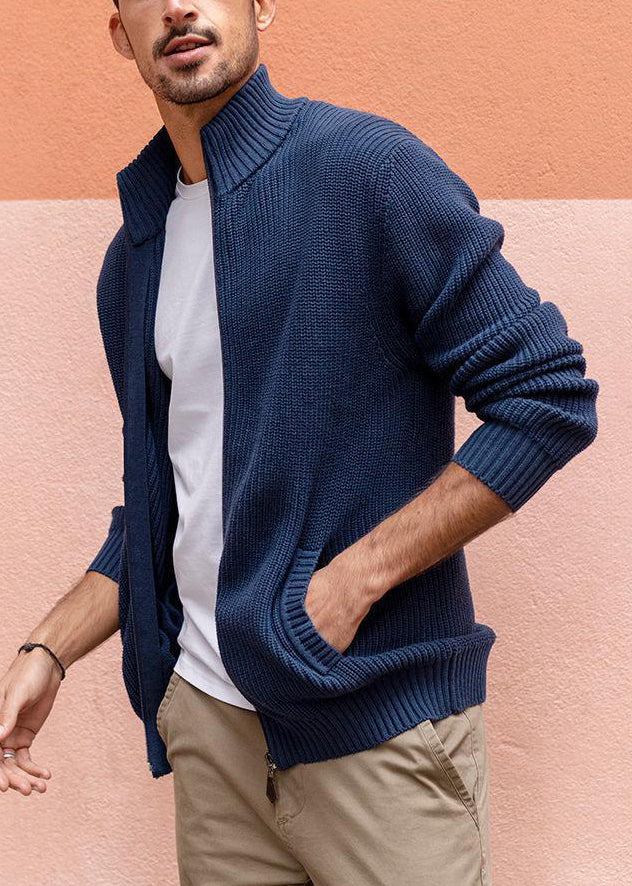 Up Zip Spring Knit Pockets Cardigan Men Navy Simple