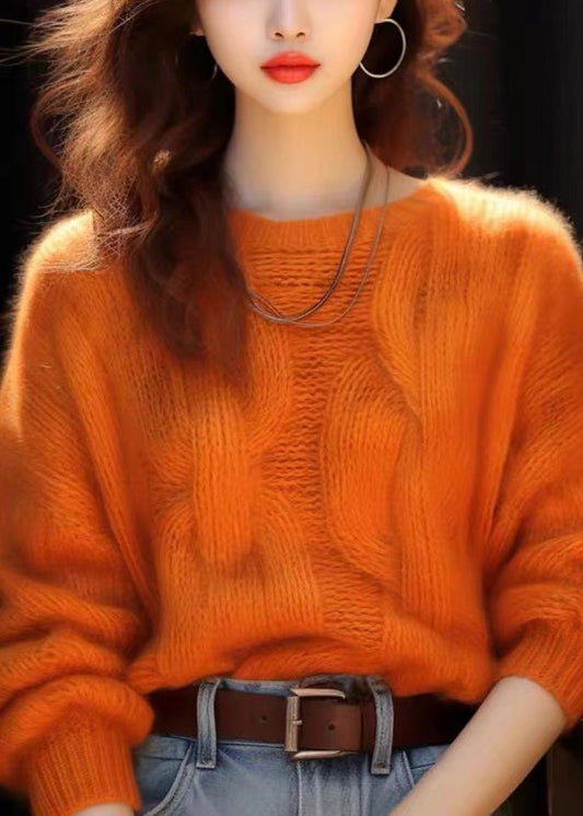 Simple Orange O Neck Cozy Knit Sweaters Winter WK015