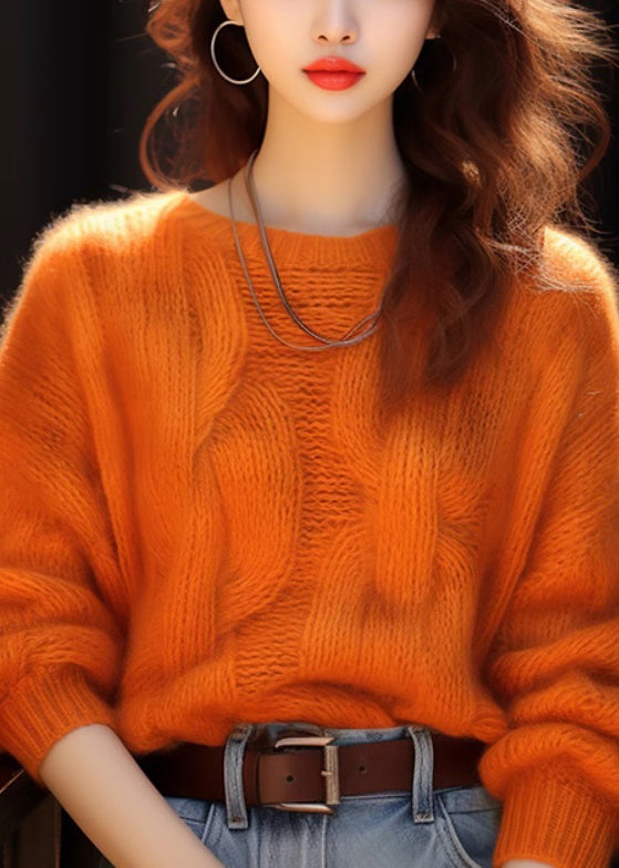 Simple Orange O Neck Cozy Knit Sweaters Winter WK015