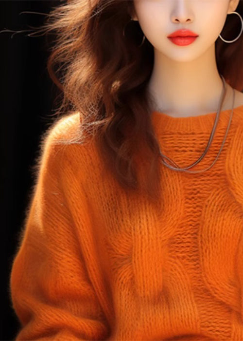 Simple Orange O Neck Cozy Knit Sweaters Winter WK015