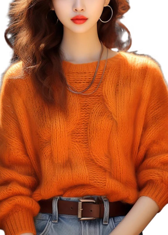 Simple Orange O Neck Cozy Knit Sweaters Winter WK015