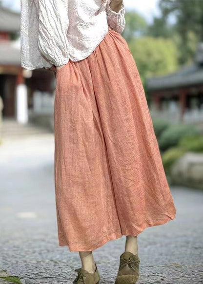 Simple Orange Pockets Elastic Waist Linen Wide Leg Pants Summer KK031