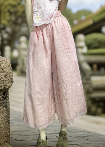 Simple Orange Pockets Elastic Waist Linen Wide Leg Pants Summer KK031