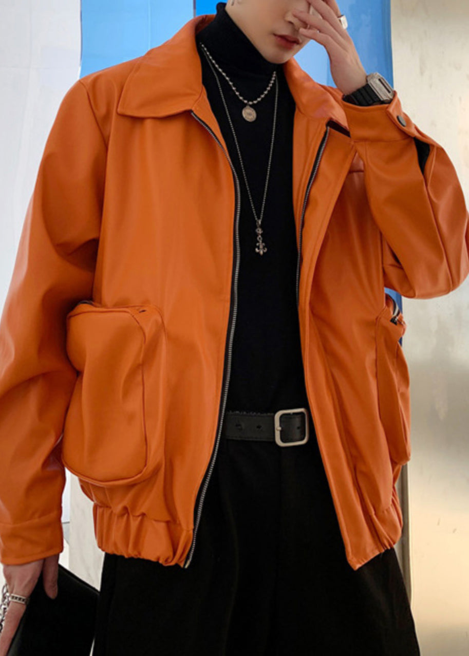 Simple Orange Zippered Pockets Faux Leather Mens Coats Spring RN031