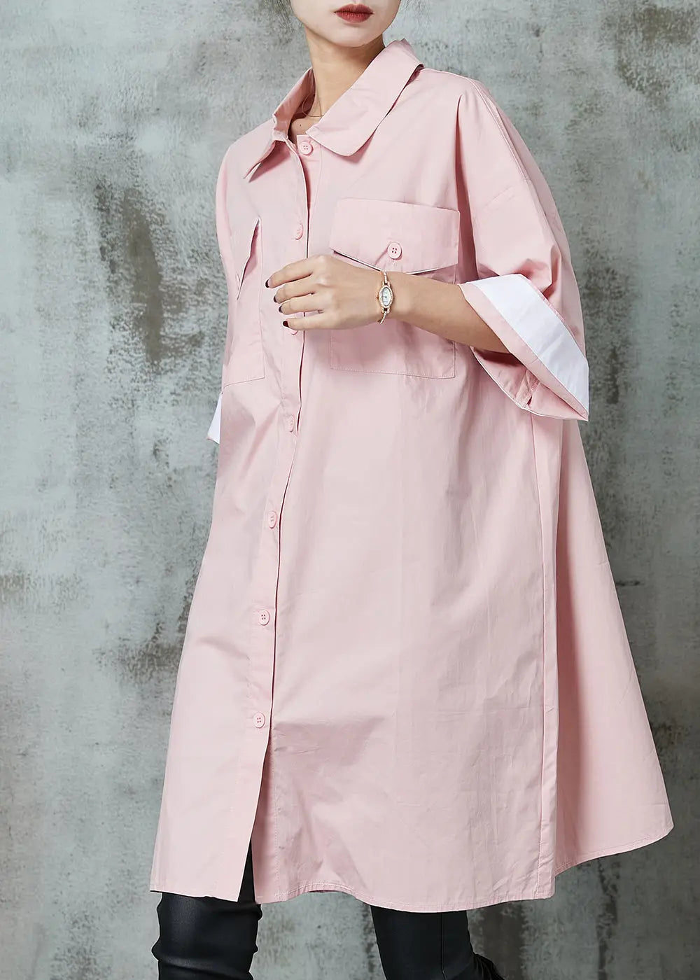 Simple Pink Oversized Cotton Shirt Dress Spring JK1002 Ada Fashion