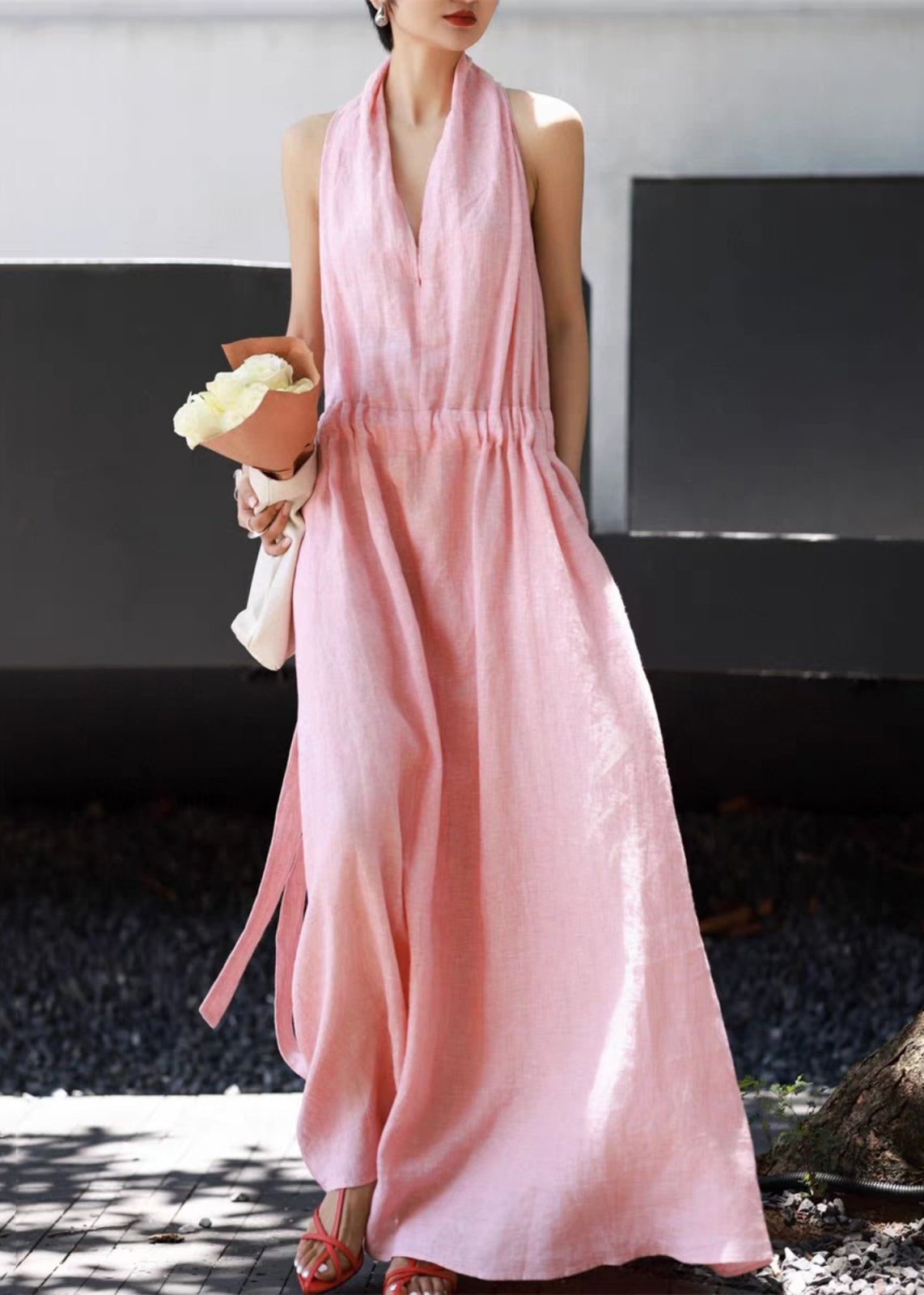 Long Waist Tie Pockets Dresses Simple Linen Pink Sleeveless