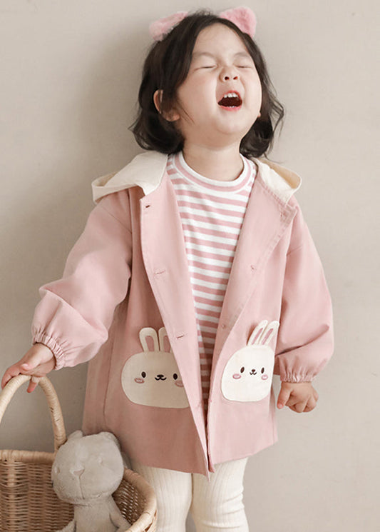 Simple Pink Print Button Girls Hooded Coat Fall QV034