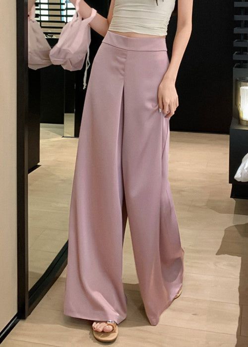 Pantalon d'été taille haute en soie unie, large, rose, jambe simple