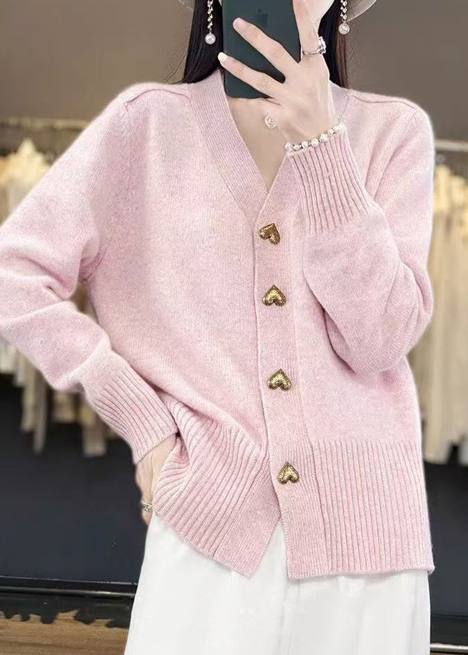 Pink Cozy Neck Coat Spring Button Simple Knit V