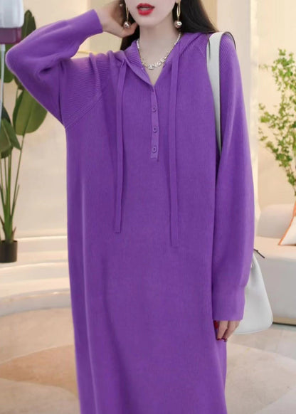 Simple Purple Hooded Button Solid Knit Sweater Dress Winter WM023