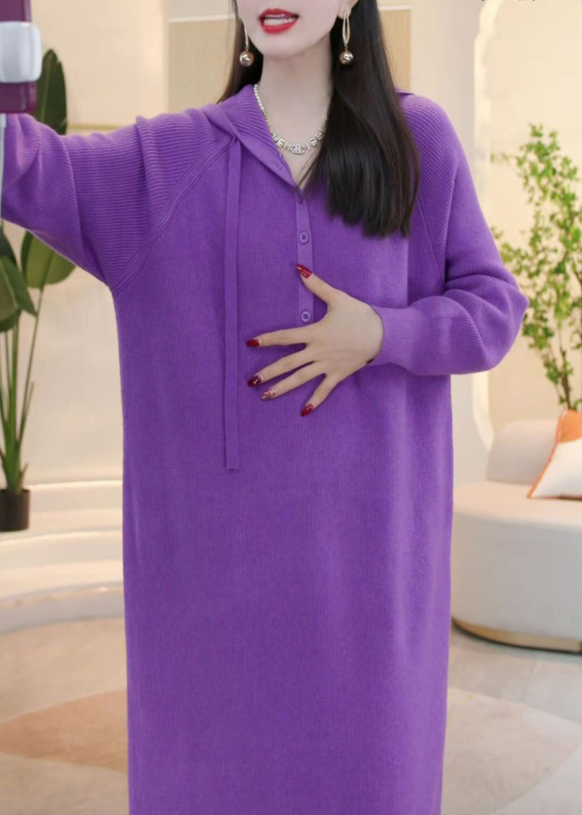 Simple Purple Hooded Button Solid Knit Sweater Dress Winter WM023