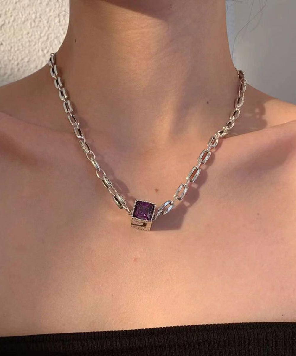 Simple Purple Sterling Silver Crystal Pendant Necklace KX1005