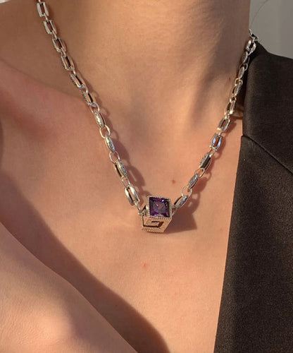 Simple Purple Sterling Silver Crystal Pendant Necklace KX1005