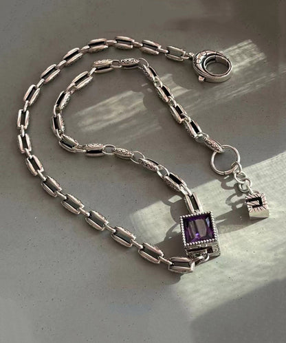 Simple Purple Sterling Silver Crystal Pendant Necklace KX1005