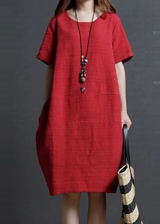 Robe mi-été simple en lin rouge surdimensionnée