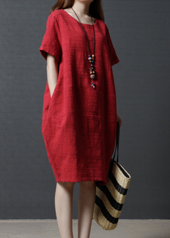Simple Linen Summer Oversized Mid Red Dress