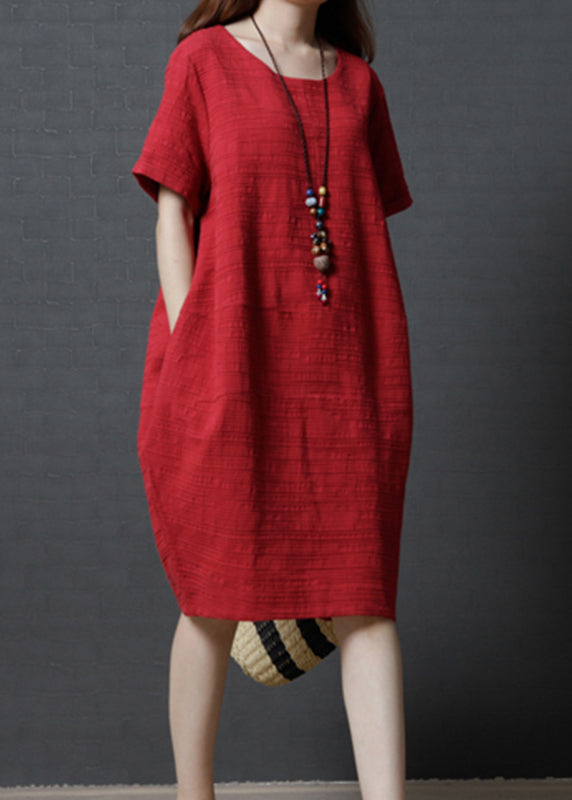 Simple Linen Summer Oversized Mid Red Dress