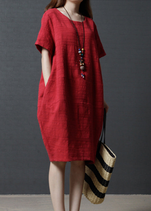 Simple Linen Summer Oversized Mid Red Dress