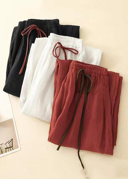 Simple Red Solid Elastic Waist Cotton Crop Pants Summer GG022