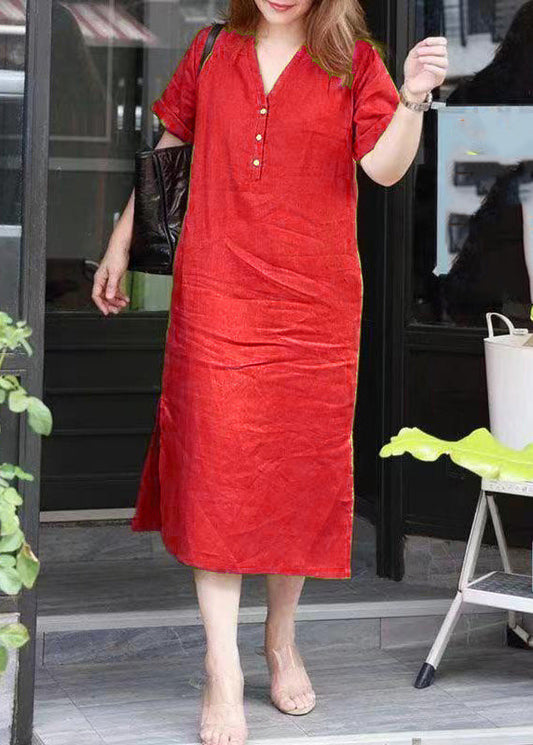 Robe longue simple rouge à col en V et patchwork ouverte sur le côté pour l'été VB1027