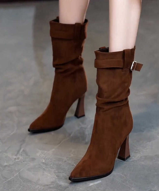 Simple Splicing Chunky Heel Boots Chocolate Suede Pointed Toe TE007