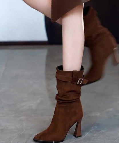 Simple Splicing Chunky Heel Boots Chocolate Suede Pointed Toe TE007