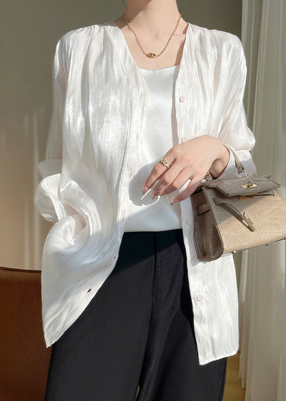 Simple White Button Solid Silk Shirts Fall AB1019