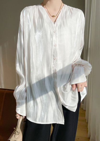 Simple White Button Solid Silk Shirts Fall AB1019