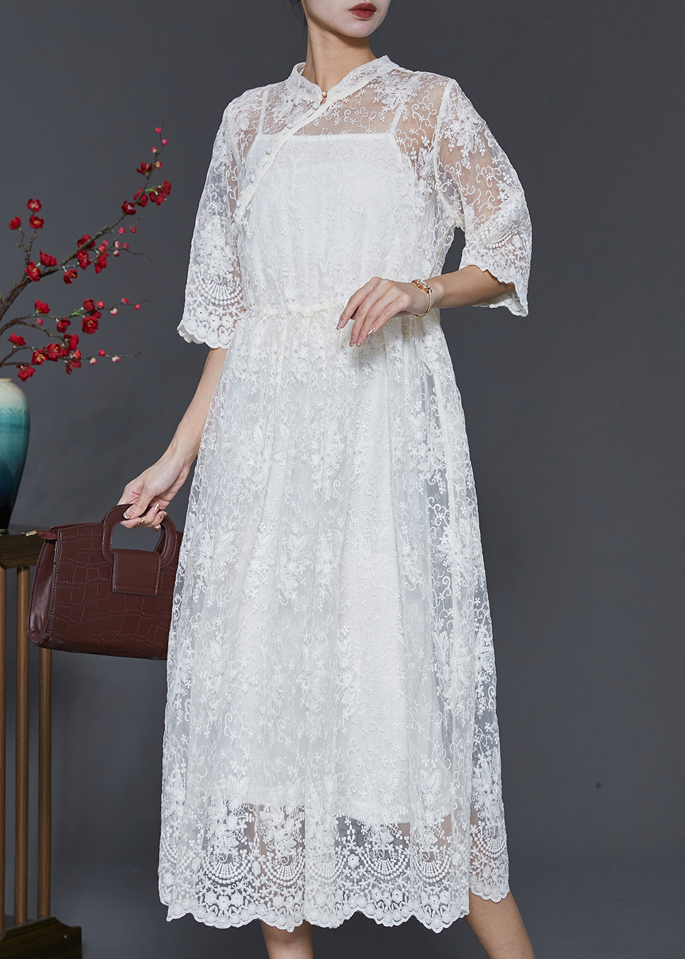 Simple White Hollow Out Lace Two Pieces Set Summer SD1015