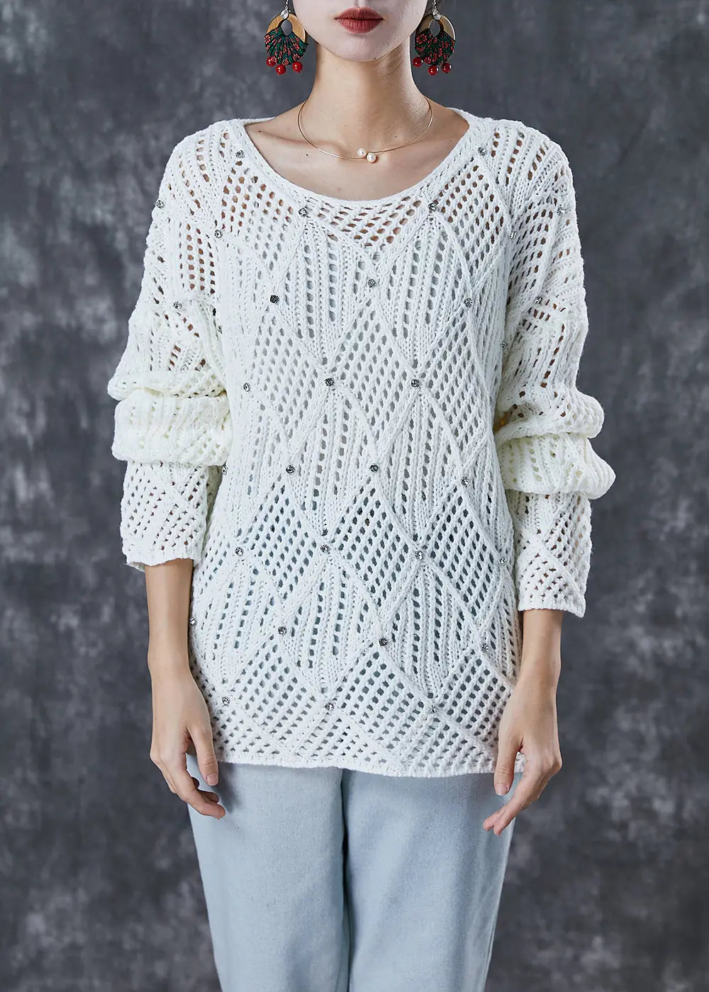 Simple White Hollow Out Zircon Knit Tops Fall Ada Fashion