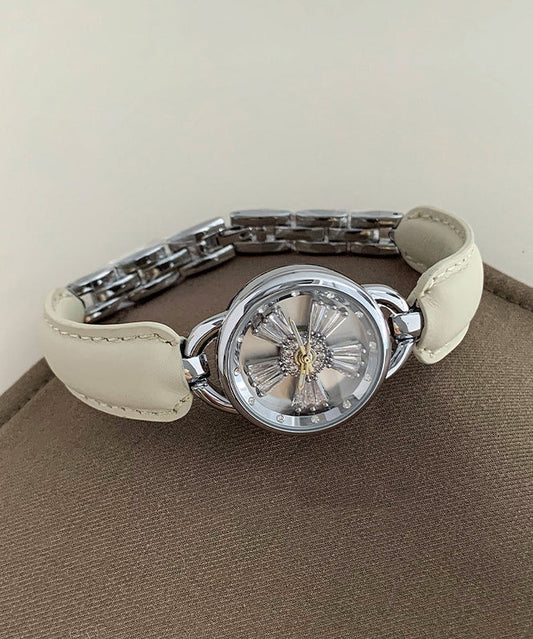 Montres simples en cristal Hardlex Zircon cuir blanc
