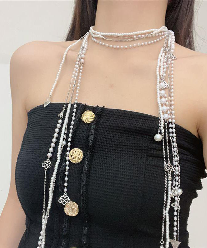 Simple White Metal Pearl Tassel Multilayer Gratuated Bead Necklace WO006