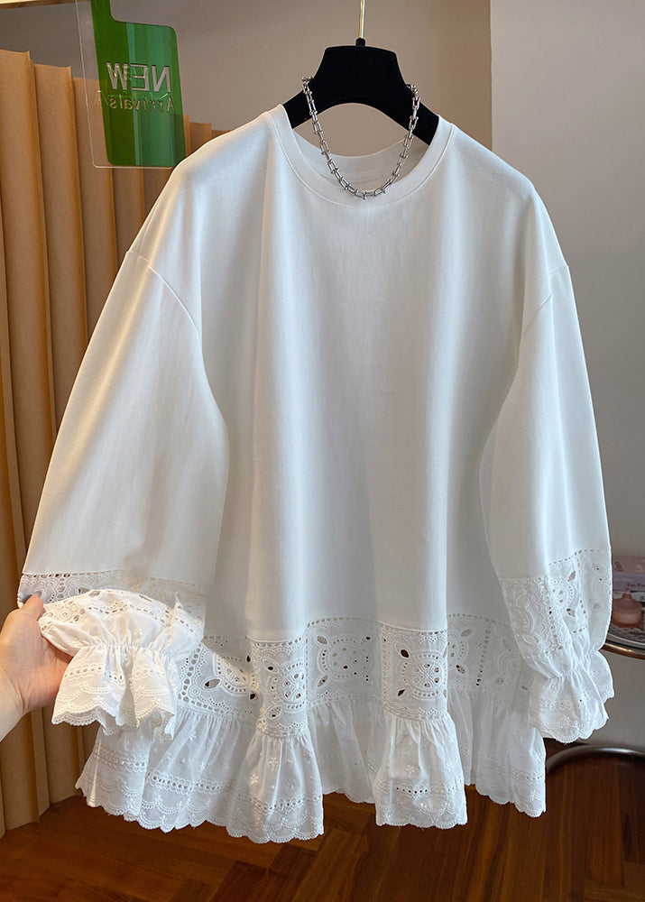 Einfaches weißes O-Ausschnitt-Aushöhlen-Spitzen-Patchwork-Baumwolltop Frühling YF003